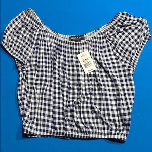 About A Girl Navy Gingham Off-Shoulder Cropped Blouse